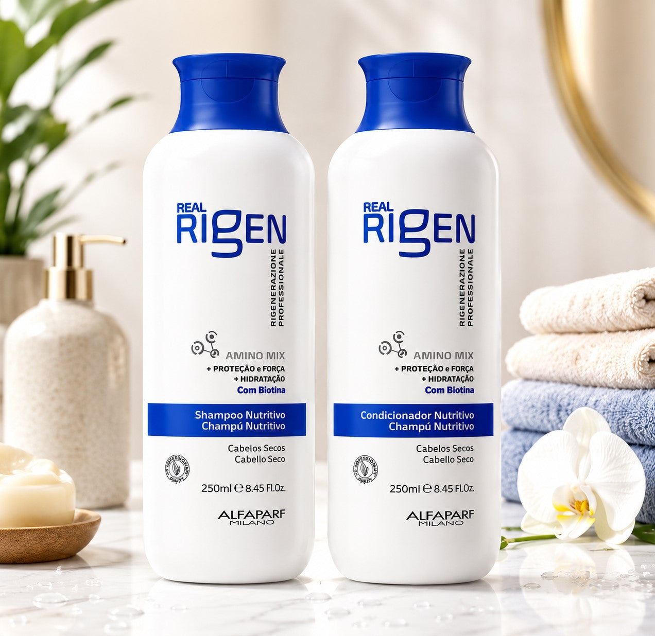 ✨ Alfaparf Duo Shampoo + Acondicionador Real Rigen para Cabello Seco 250 ml c/u | 500 ml 💙💧🌿