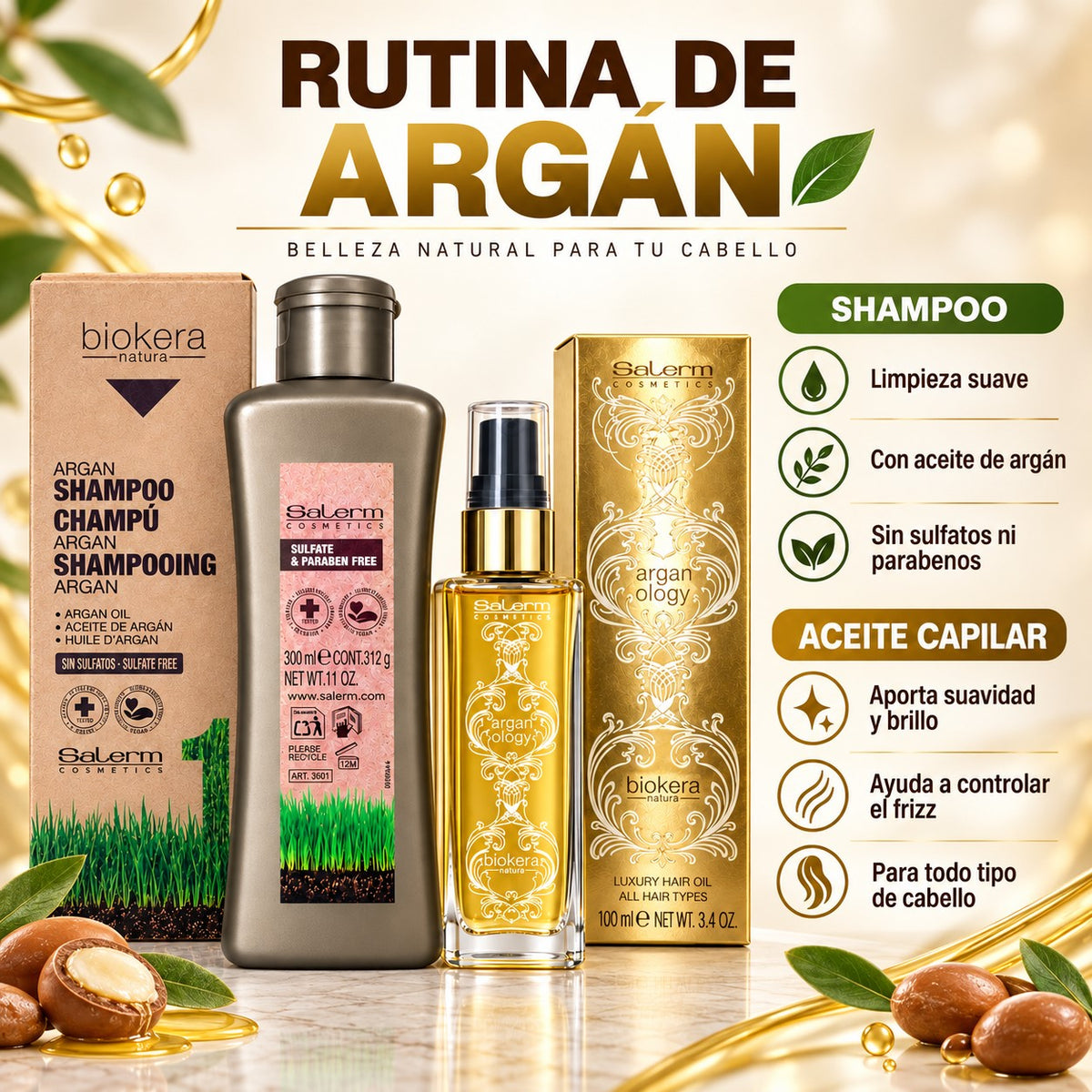 Kit Salerm Biokera Argán Shampoo 300 Ml + Aceite 100 Ml