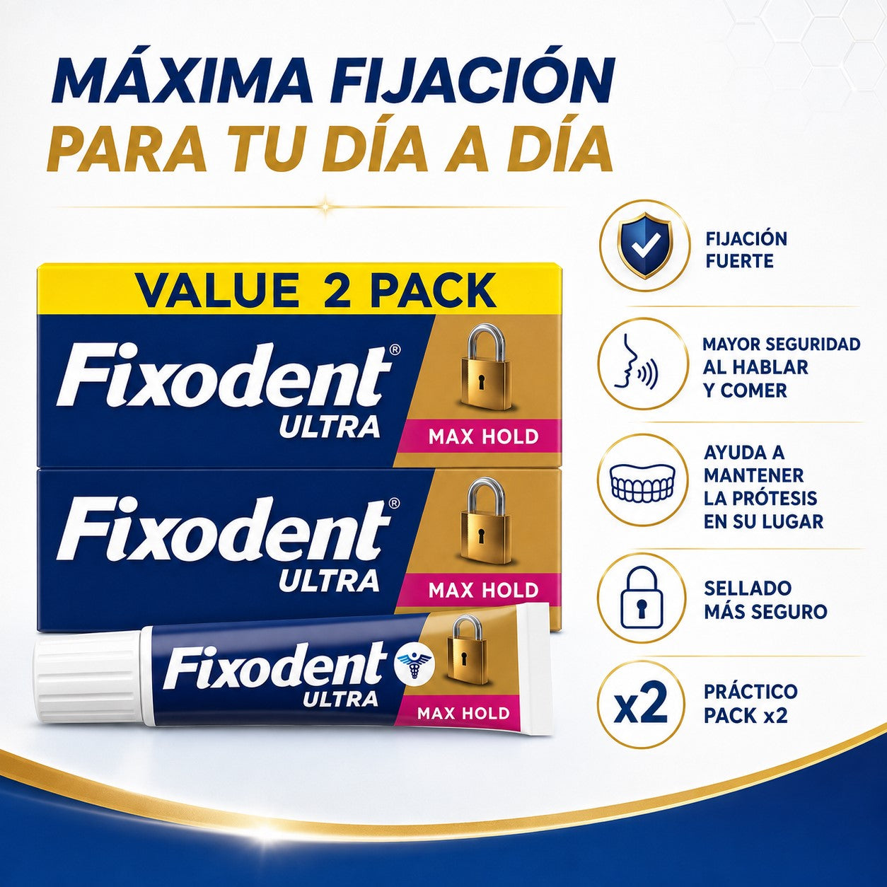 🦷 Fixodent Ultra Max Hold Adhesivo Prótesis Dental 62g X2