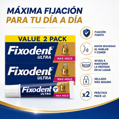 🦷 Fixodent Ultra Max Hold Adhesivo Prótesis Dental 62g X2