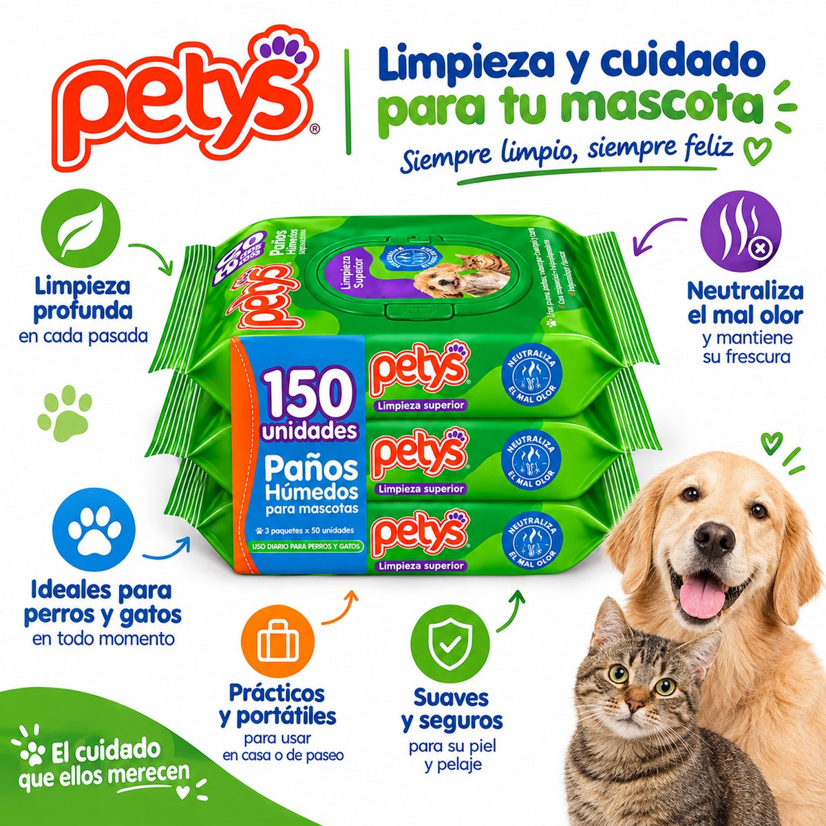 Paños Húmedos Petys para Perros y Gatos – 150 Unidades